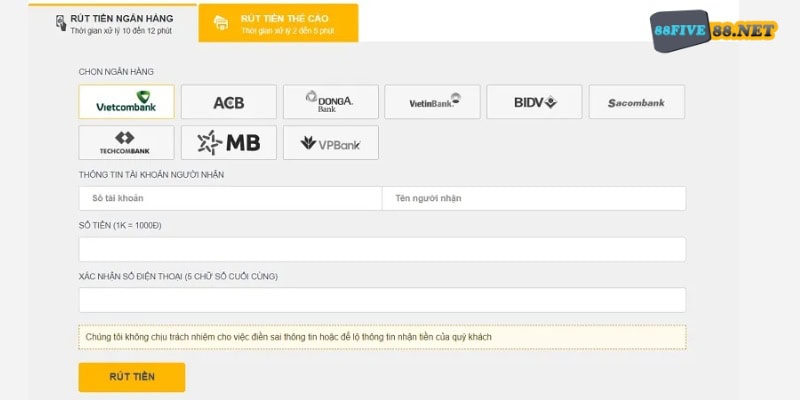 Chọn hình thức rút tiền ngân hàng và điền thông tin theo yêu cầu